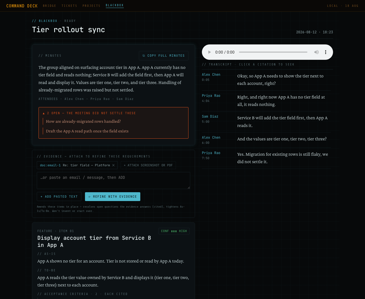 The Review screen — drafted requirements on the left, the transcript and audio on the right. Click a citation and it seeks the audio and highlights the passage.