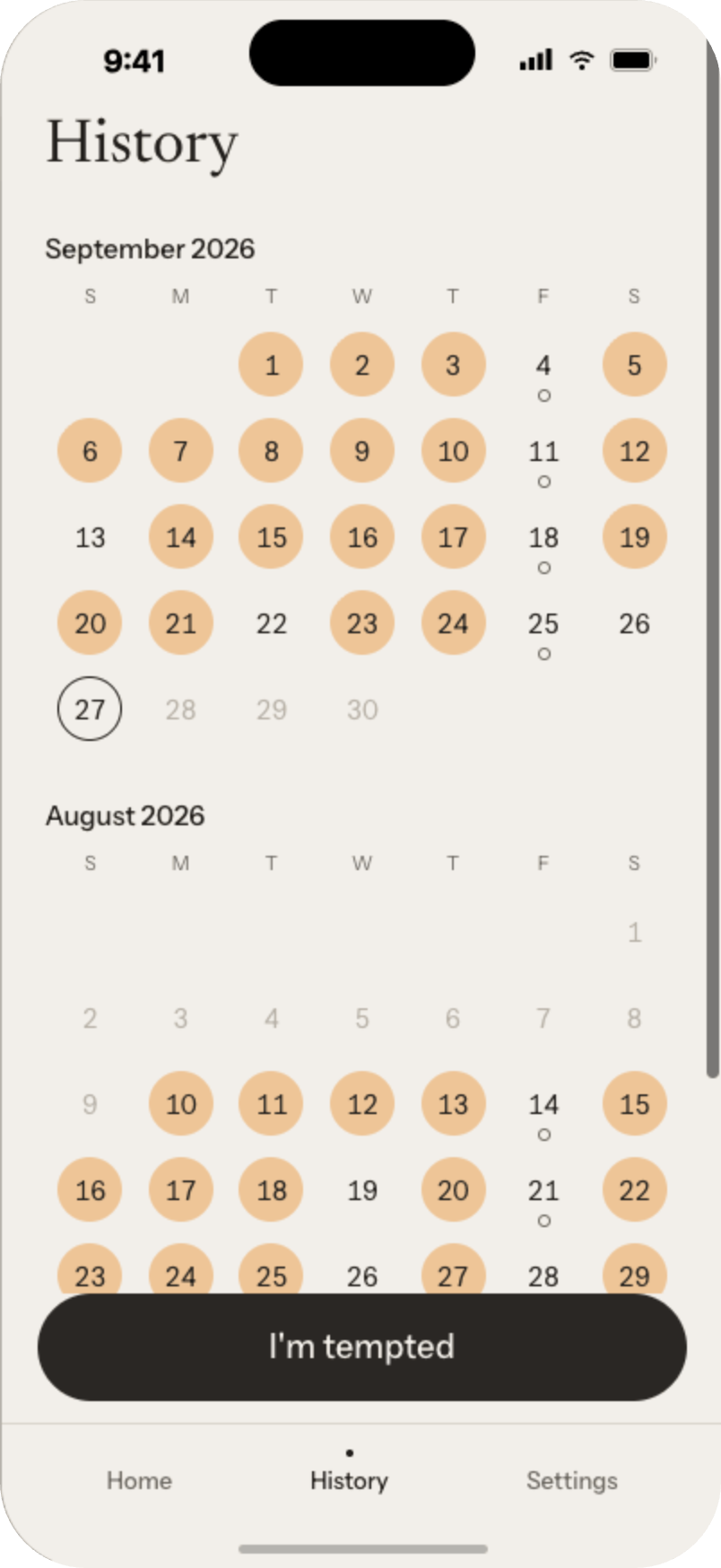 History calendar with kept days