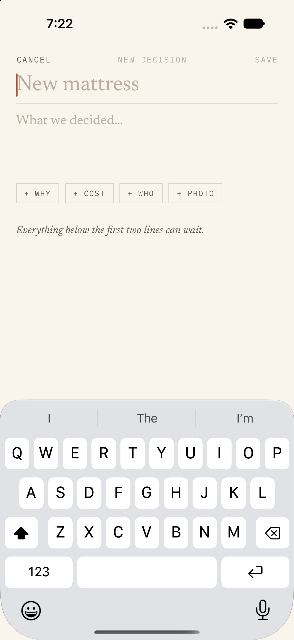 New decision: title, a line, optional fields