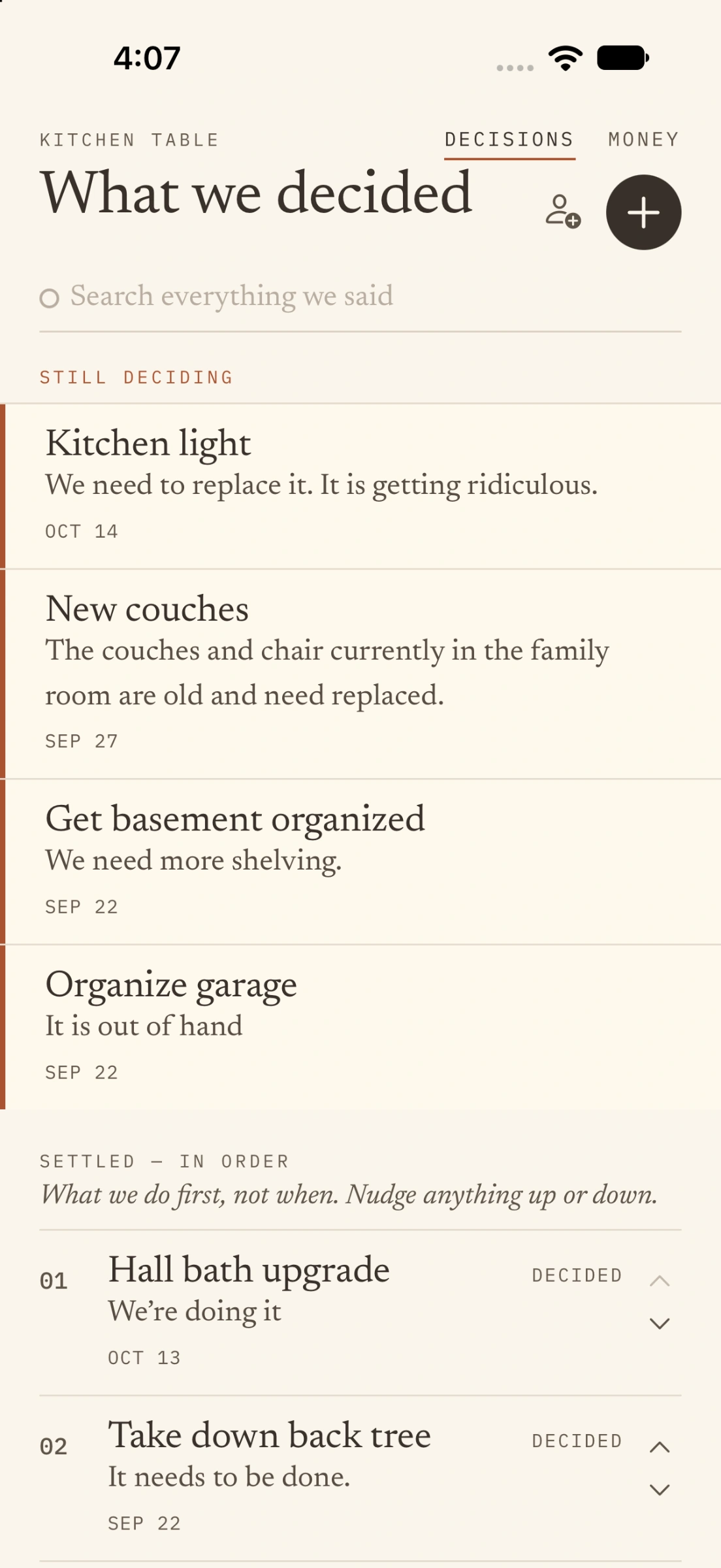 Kitchen Table list: still deciding on top, settled below