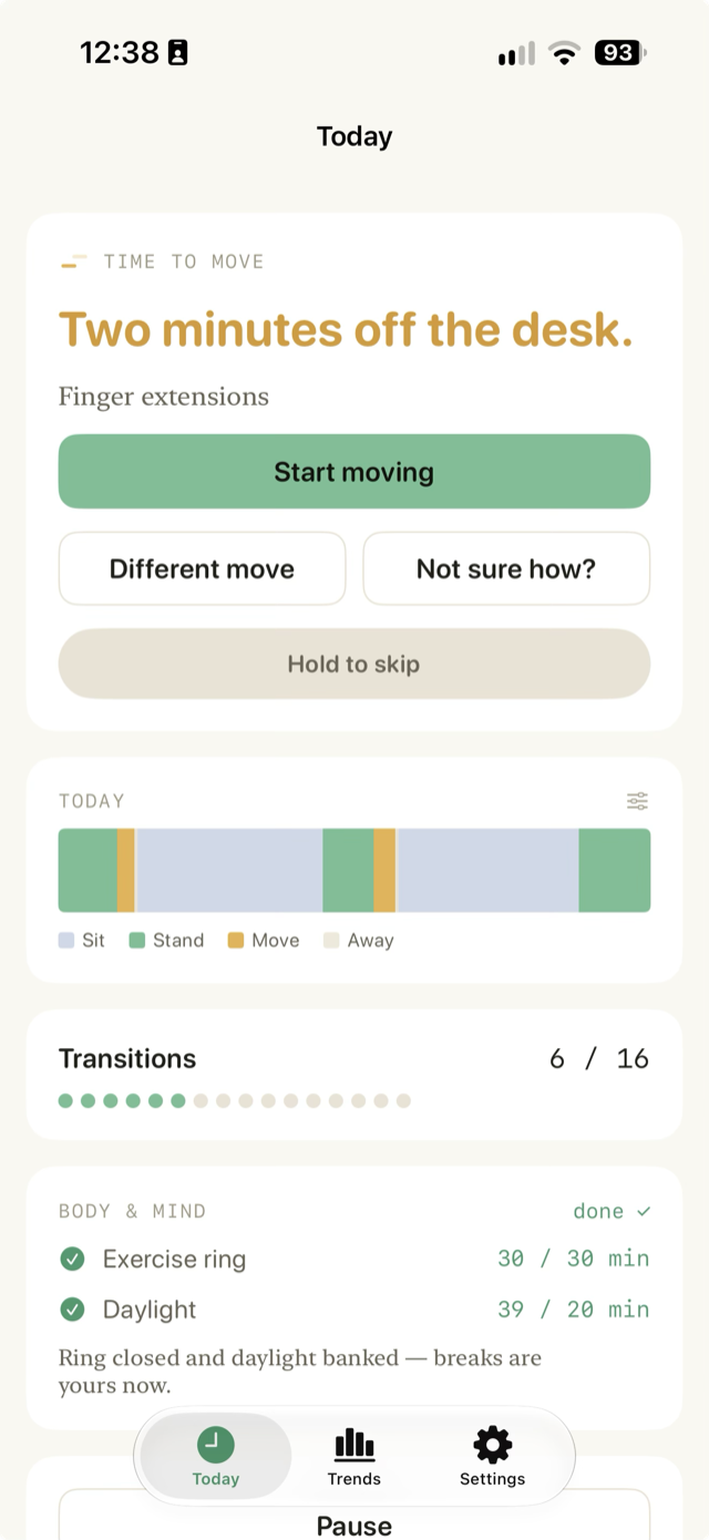 Shift's Today screen: a prompt to move with a real exercise, the day drawn as a sit/stand/move/away bar, and a transitions count.
