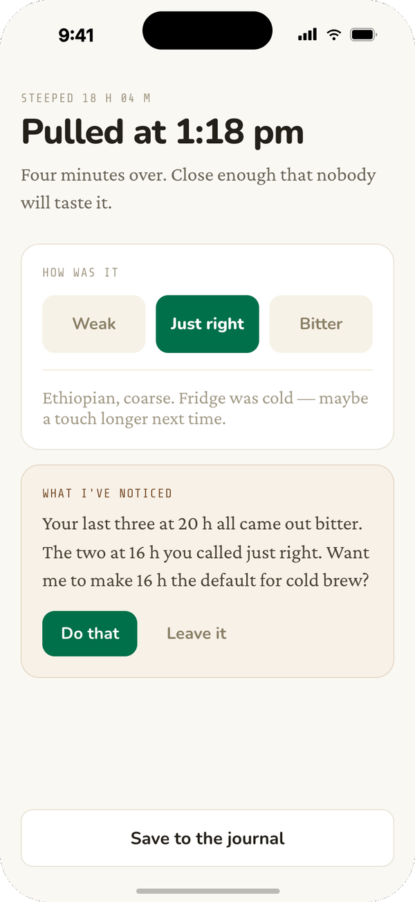 Rating a finished brew weak, just right, or bitter — and TidyBrew offering to make your preferred steep the default.