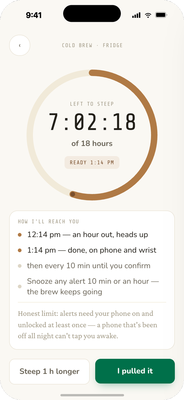 TidyBrew counting down a cold brew, with an hour-out heads-up and a repeating done alert.