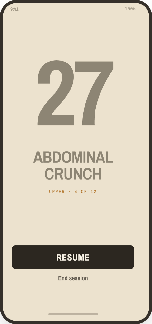 Tidy Round paused mid-exercise, showing Resume.